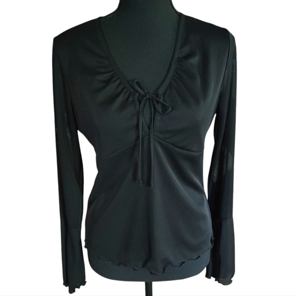 Y2K Younique Black Sheer Bell Sleeve Keyhole Tie Top Sz L - Picture 1 of 7